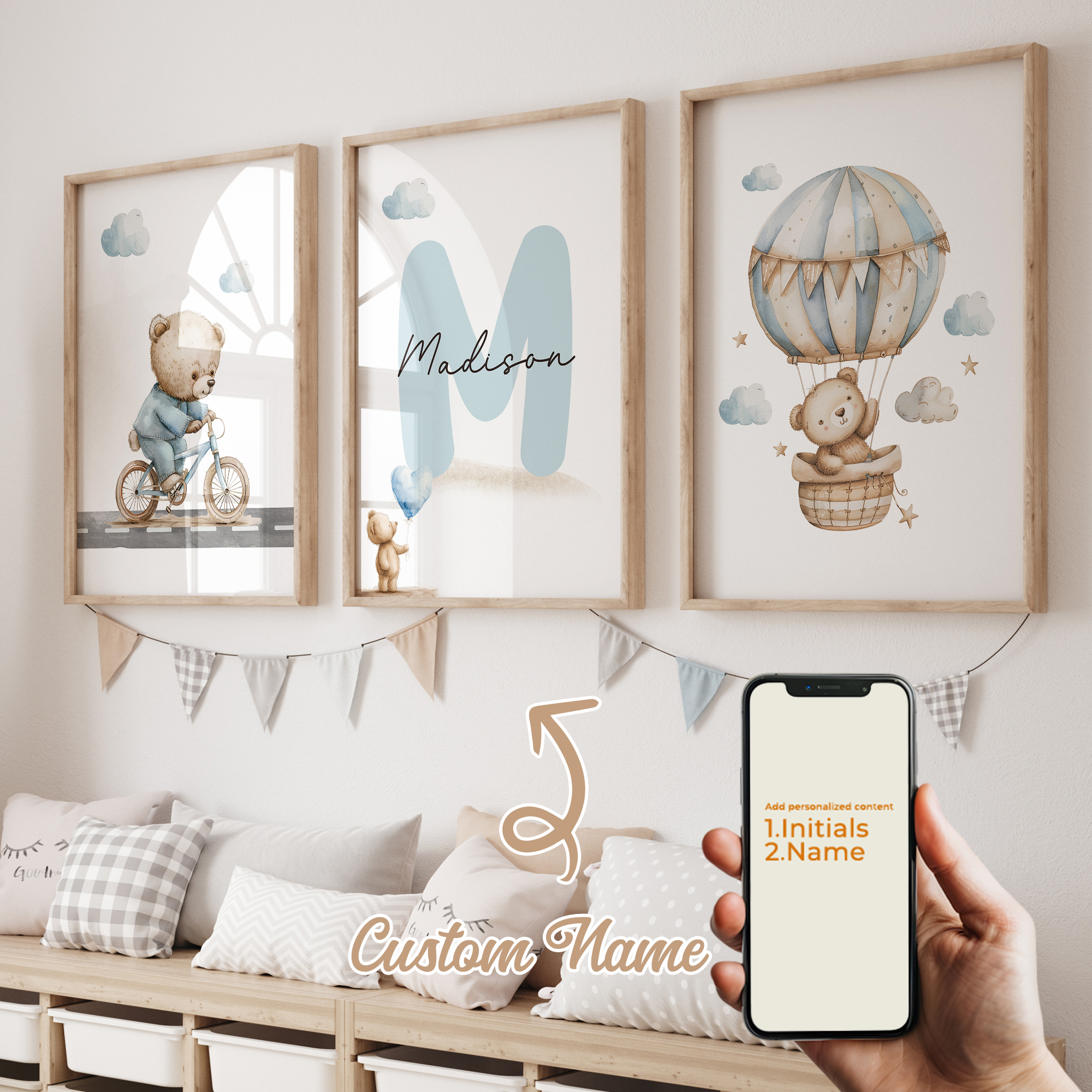 Home Decor Aesthetic - 3pcs Personalized Name Blue Bear Wall