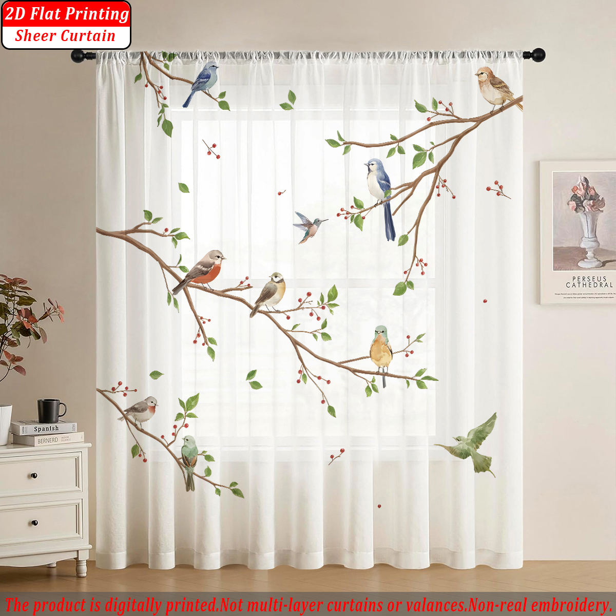 Home Decor Under 100 - Branches Flying Birds Flat Printing Sheer